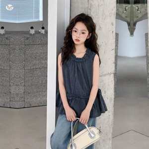 Nouvel ensemble de vêtements d'été pour filles, débardeur sans manches en dentelle à carreaux, pantalon long évasé en jean, <span class=keywords><strong>tenue</strong></span> deux pièces - Product Image 3