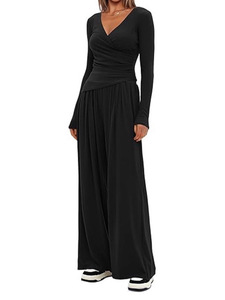 Bộ đồ nữ thời trang công sở thanh lịch, kiểu dáng riêng hoặc in logo theo yêu cầu, áo kiểu V gợi cảm và quần ống rộng, chất liệu trơn. - Product Image 2