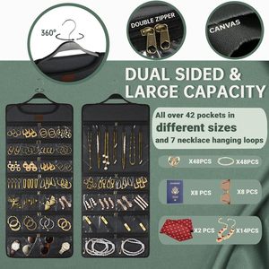 Organisateur de bijoux suspendu en toile double face avec poches zippées pour colliers, boucles d'oreilles, rangement pour femmes - Product Image 5