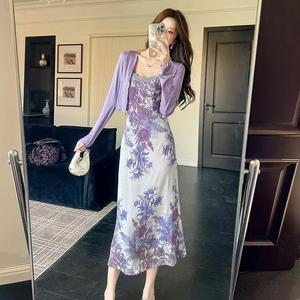 Wisteria Floral Print Slip Dress With Cardigan Set Empire Waist Strapless Long Skirt Chinese Style Spliced Evening Dress - Product Image 1