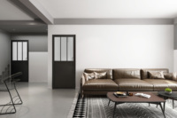 Porte battante double intérieure en acier noir et verre, style loft, avec plinthe et cadre en fer cannelé, pour vente en gros