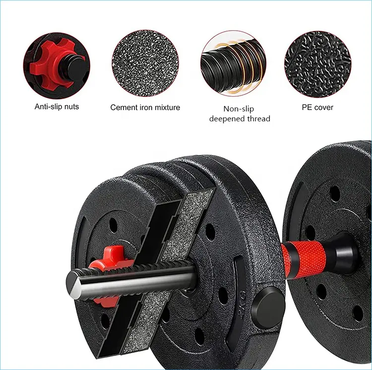 wholesale custom made cheap 20kg adjustable plastic cement weight lifting dumbbell barbell set with connecting rod manufacture