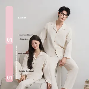 Pijamas de Lino y Algodón de Color Sólido Simple, Traje de Verano Delgado para Parejas, Ropa de Dormir para Hombre y Mujer con Cintura Elástica - Product Image 1