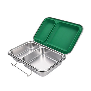 304 Stainless Steel Lunch Box 2 Compartments Plastic Lid Rectangle Insulated Food <b>Storage</b> <b>Container</b> For Office School Use - Product Image 2