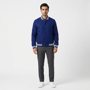 <b>Mens</b> Navy Blue Varsity Style <b>Jacket</b> <b>White</b> Striped Ribbed Trim Snap Button Closure Lightweight Casual Urban Outerwear Stand Front - Product Image 1