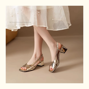 Summer New Retro Fish Mouth Square Heel <b>Shoes</b> Factory Spot <b>Soft</b> Leather - Button Open Toe Sandals Women's Mid-heels - Product Image 3