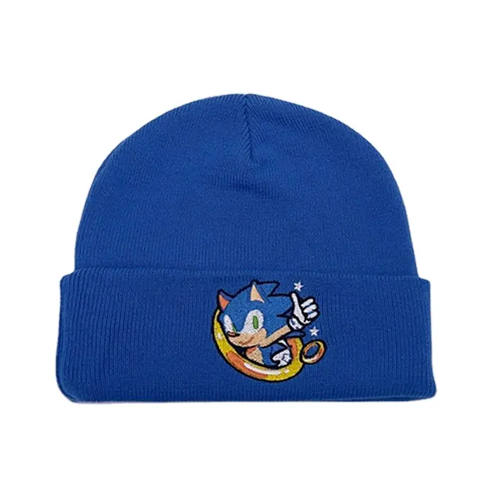 Einfarbige Acryl gerippte Strick bündel benutzer definierte Mütze Skully Hut mit niedlichen Stickerei Logo