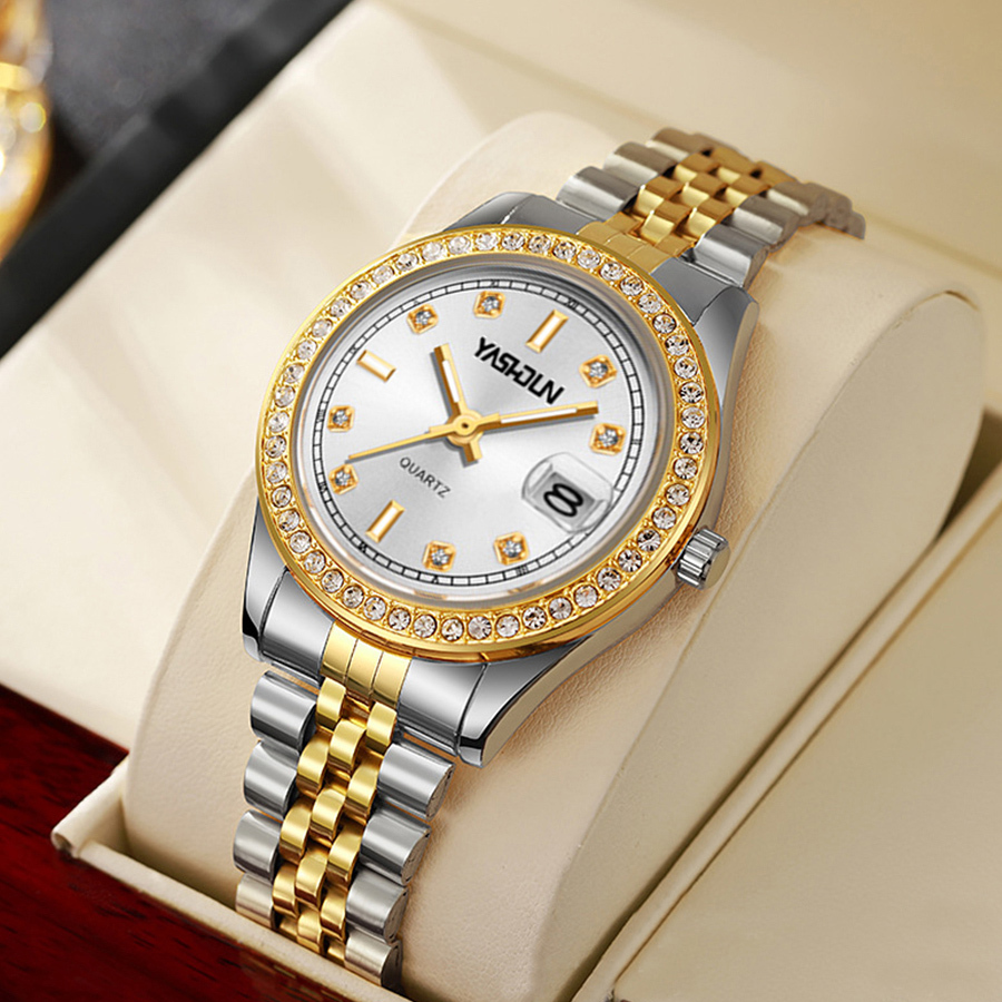 Gold-Tone Crystal Stainless Steel Bracelet Watch with Date Window Bulova Crystal 98K106 – Hannoush Jewelers main image 2