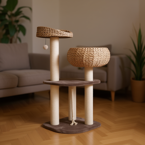 Rattan <b>Cat</b> Tree 41 Inch 2 Levels With Napping <b>Perch</b> For <b>Cats</b> Indoor Scratching Post Minimalist Design Beige - Product Image 2