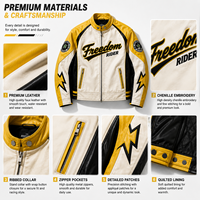 Blouson de moto personnalisé pour homme, jaune et noir, fabrication OEM, étiquette privée, patchwork brodé, fermeture éclair avant, blouson de motard en cuir