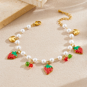 Fruit Series Pearl Chain Gold Plated Strawberry Cherry Watermelon Pendant Bracelet Women's Jewelry Gift - Product Image 2