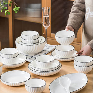 Juego de <span class=keywords><strong>Vajilla</strong></span> de Cerámica con Borde Negro en Forma de Luna para Hogar, Hotel, Restaurante, Platos y Tazones - Product Image 6