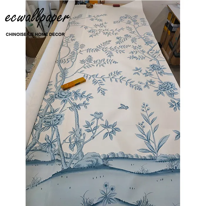 Papier peint de Chinoiserie bleue peint à la main sur soie-accepter personnaliser