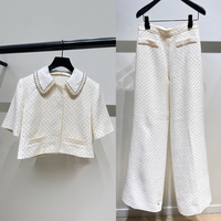 Ensemble deux pièces pour femmes AIMEISI, haut court à col avec strass élégants et perles, pantalon ample, automne/hiver, luxe