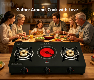 Estufa Híbrida Amor de 3 Quemadores, Gas + Infrarrojos, Vidrio Templado, Soportes de Hierro Fundido, GLP/GN, para Uso Doméstico en la Cocina - Product Image 3
