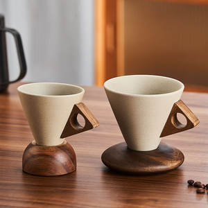 Tasse à <span class=keywords><strong>café</strong></span> cappuccino en grès 250ML personnalisée soucoupe en forme d'entonnoir réutilisable expresso lait thé tasse en céramique avec base en bois - Product Image 6