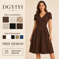 Robe midi en gros en coton doux à col en V et manches courtes, coupe trapèze, pour femme, marron chocolat, décontractée, avec logo personnalisé, OEM