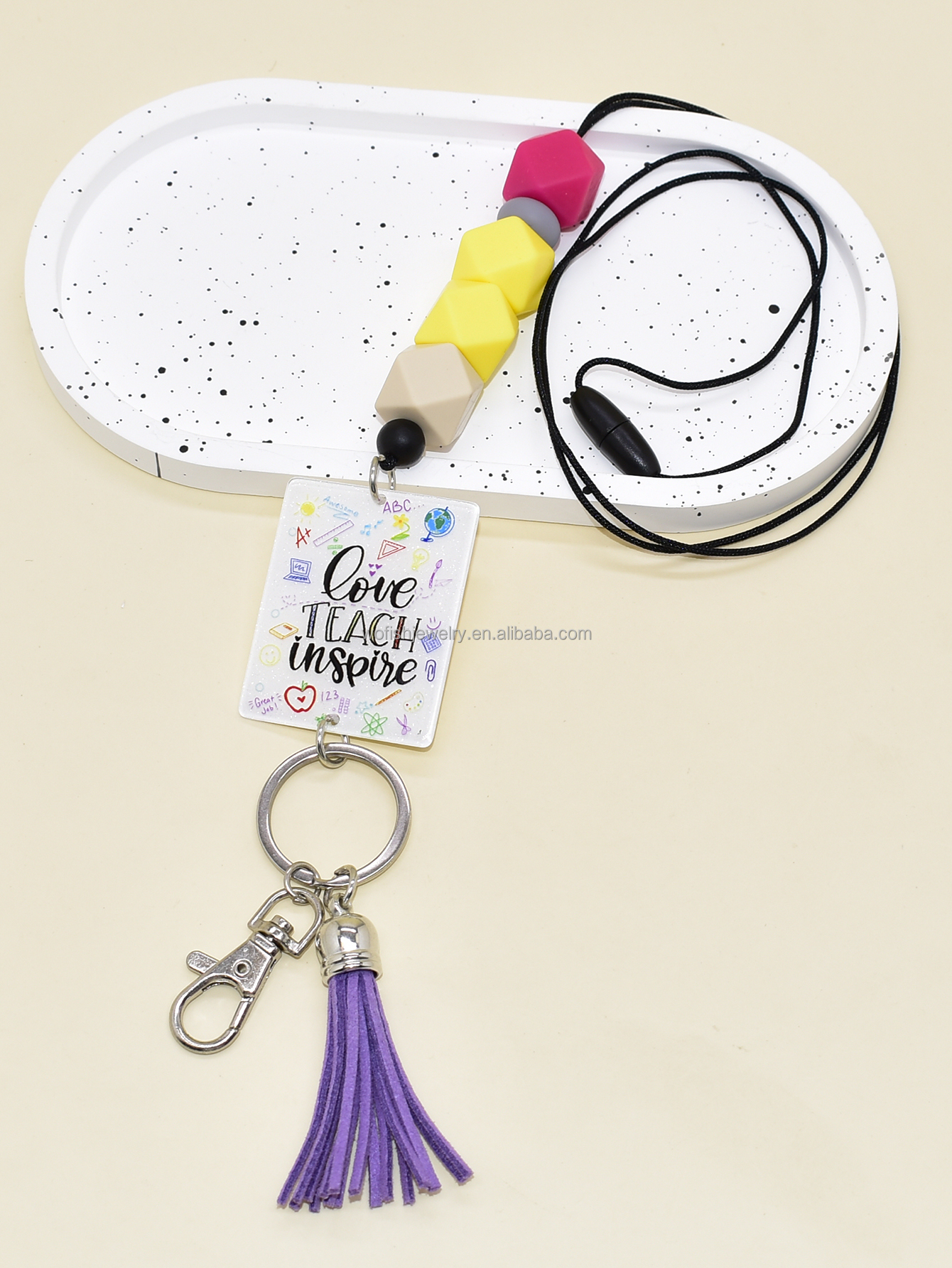 Cute Style Faceted Silicone Beads Keyring Pencil Colors Acrylic Notebook Composition Book Rainbow Lanyard Keychain Image 5