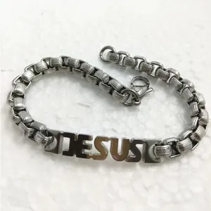 Pulseira de aço inoxidável 316L cristã exclusiva com letras de corte de Jesus, pulseira de 7 mm de largura, com corrente quadrada e grossa martelada