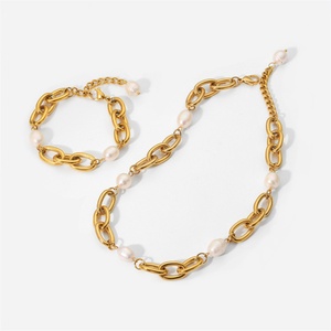 Chunky 12 mm <b>Pearl</b> Necklace Stainless Steel 18k Gold Plated Chain Bracelet Women Fashion Jewelry <b>Sets</b> - Product Image 1