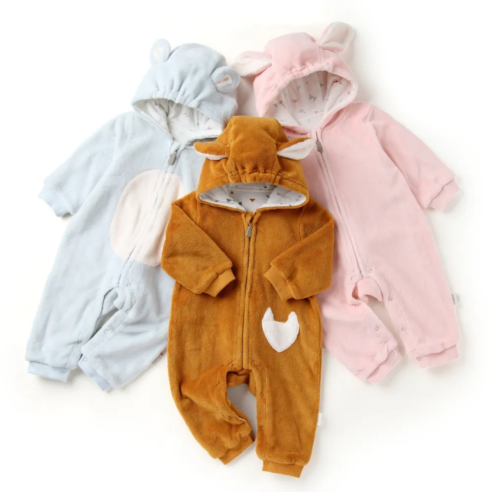 Venta al por mayor de peleles de otoño para bebés, mono cálido de algodón 100% para recién nacidos, ropa de bebé con capucha para niñas y niños