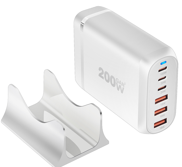 OEM 200W 100W High Power GaN 6-Port Desktop Charging Station Detachable Stand 3USB-C PD + 3USB-A QC Power Hub