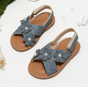 Sandales pour filles, mode, fleurs, princesse, boucle arrière, bande magique, sandales plates en denim pour filles - Product Image 6