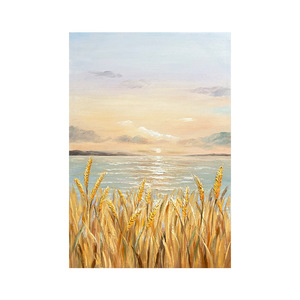 Peinture à l'huile peinte à la main, champ de blé doré, paysage marin, décoration minimaliste moderne pour salon, art mural de grande taille sans cadre - Product Image 5