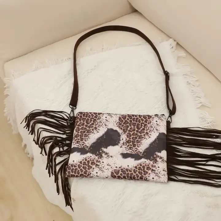 Schlussverkauf Western-Leder Crossbody-Tasche Fransen-Gehaltsbörse Modedesign individuelle Leoparden-Buchstabtasche für Damen
