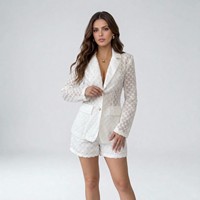 Ensemble blazer ajusté 2 pièces blanc en dentelle ajourée pour femme, anti-rides, col en V, boutonné, élégant, à revers, simple boutonnage, manches longues