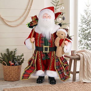 Red Tartan Cape Santa Claus Standing Figure Large Noel Doll with Bear for Retail Store <b>Xmas</b> Decor - Product Image 1