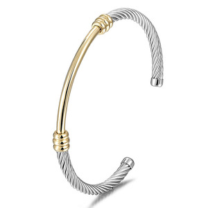 <span class=keywords><strong>Bracelet</strong></span> manchette ouvert en argent sterling 925 bracelets en <span class=keywords><strong>fil</strong></span> de câble texturé bicolore gros bijoux fins - Product Image 1