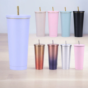 Gobelets isothermes en acier inoxydable 500-750 ml avec paille, tasses à café de voyage à design droit pour tous les utilisateurs - Product Image 3