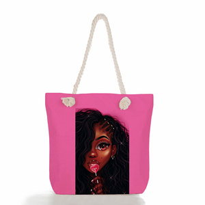 Sac de plage en corde personnalisé noir pour filles, imprimé, écologique, réutilisable, mignon, tendance, pour femme, sac de courses portable, vente en gros - Product Image 3