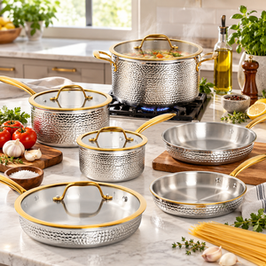 Ensemble de casseroles en acier inoxydable avec poignées dorées, finition martelée, anti-rouille, pour cuisinières à gaz et à induction - Product Image 6