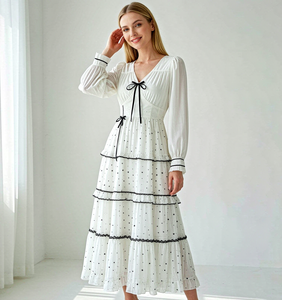 women elegant maxi <b>dress</b> <b>long</b> sleeve v neck bow star print tiered casual summer <b>dress</b> for ladies - Product Image 3