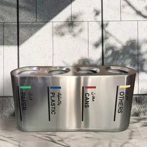 hotel stainless steel 4 compartments recycle bin commercial trash can 4 inner buckets big size shopping mall recycling bin