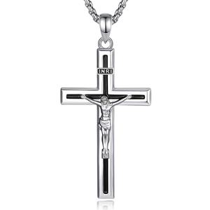 Collar con Colgante de Cruz INRI de Cobre Chapado en Rodio, Esmalte Negro, Joyería Religiosa Católica al por Mayor para Hombre - Product Image 1