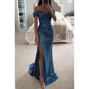 女式金色美人鱼亮片晚礼服闪亮舞会礼服带肩开叉长款正装夏季服装 - Product Image 4