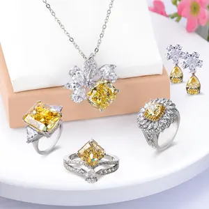 High carbon vivid yellow diamond party wedding ring set silver with diamond fashion luxury design 925 sterling silver jewelry.