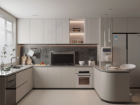 Cuisine complète moderne Lesso Home avec armoires en HPL peint effet marbre, évier, robinet, glissières de tiroir et paniers de tiroir pour appartement