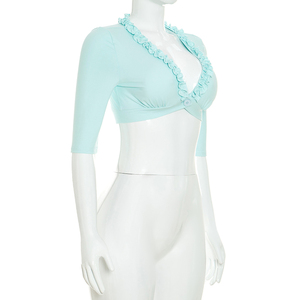 Viviblook C26TP273 T-shirt pour femme, nouveau modèle, col en V, boutonné, couleur unie, coupe ajustée, décontracté, crop top pour femme - Product Image 3