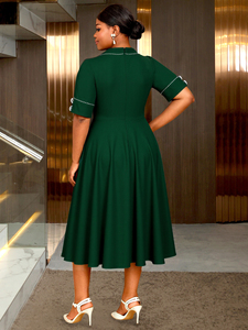 AM050518 Abito Vintage da Donna con Colletto Rovesciato, Maniche Corte a Contrasto, <span class=keywords><strong>Verde</strong></span>, Linea A, Taglie Forti, <span class=keywords><strong>Midi</strong></span>, Formale per Chiesa, Casual - Product Image 3