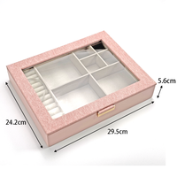 Boîte à bijoux rectangulaire de grande capacité, en cuir PU fait à la main, moderne, luxueuse, avec doublure en flocage, couvercle à fenêtre, poignée en métal