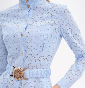 Vestido largo liso azul claro para mujer, solapa, cinturón con hebilla dorada de un solo pecho, 100% de algodón, elegante, Vintage, informal - Product Image 4