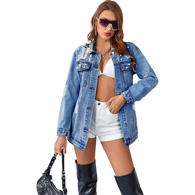 Custom Pearl Studded Denim Jacket Casual Beaded Pearl Long Sleeve Blue Black Jean Denim Long Jackets Women