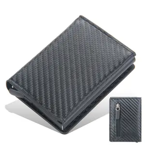 Baellerry-portefeuille en cuir de fibre de carbone noir avec fermeture éclair RFID en aluminium, portefeuille mince avec poche à monnaie