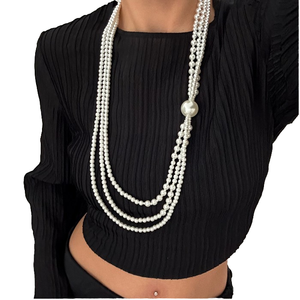 Collar de Cadena Larga Chapado en Oro con Perlas Grandes Multicapa para Mujer, Elegante con Borlas y Cuentas, Joyería para Fiesta y Boda - Product Image 4