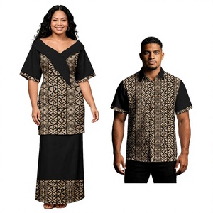 Ensemble Puletasi Hawaïen Polynésien Unisexe pour Adultes, Chemise Aloha et Châle Assortis à Motifs Tapa des Îles du Pacifique, Tenue Formelle Familiale - Product Image 1