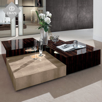 Meubles de salon de style italien de luxe, table basse en bois fini, plateau carré en marbre, table basse en bois de frêne